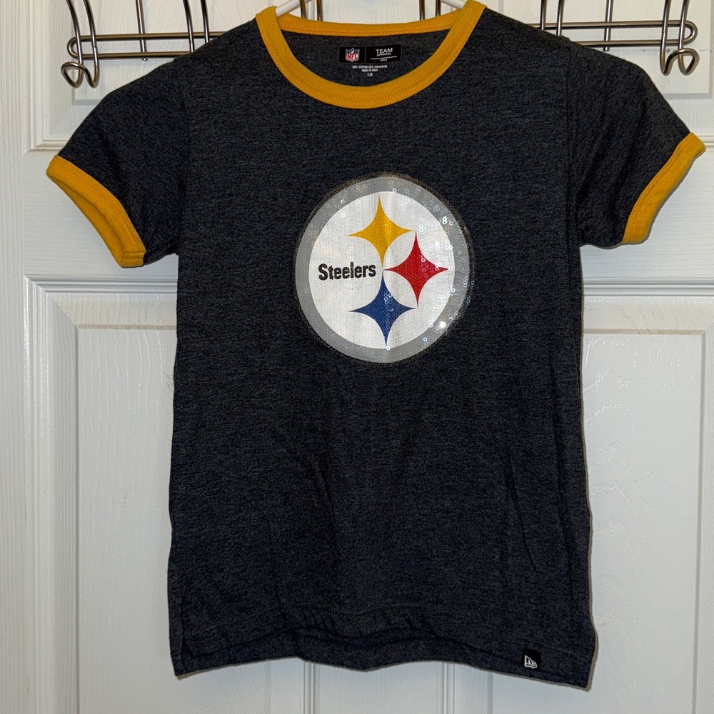 Cute Steelers Girls Size 7/8 Short Sleeve Tee - Black and Yellow with Sequins